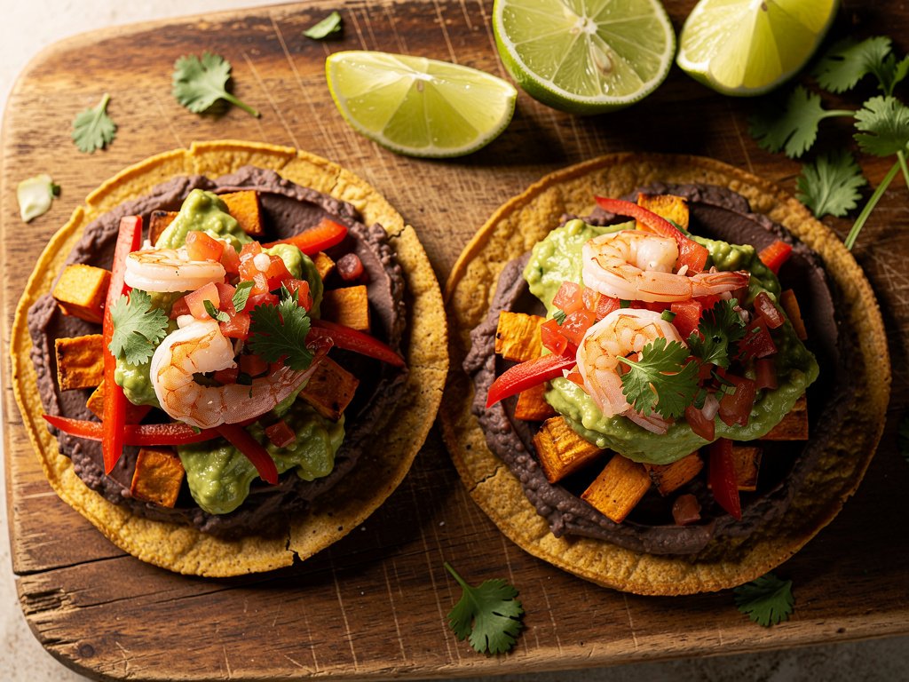 Crispy Shrimp Tostadas with Roasted Sweet Potato, Black Beans & Creamy Guacamole