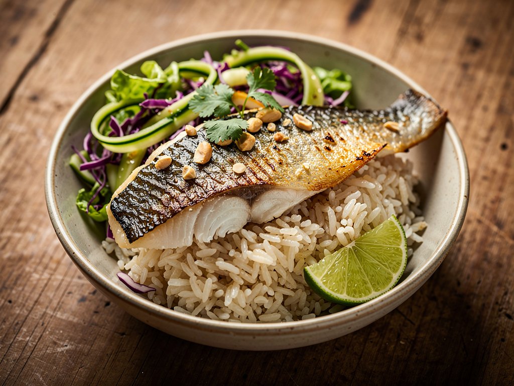 Crispy Skin Sea Bass Rice Bowls with Thai Chili Cucumber Slaw