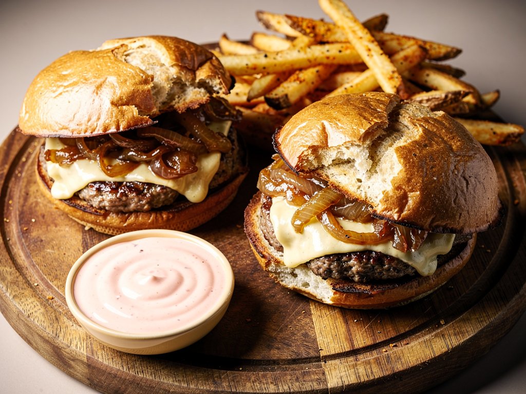 Crispy Smashed Burgers with Old Bay Fries and Caramelized Onion Special Sauce