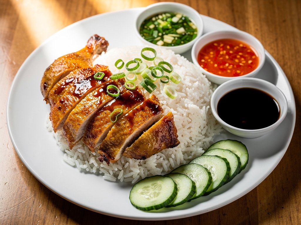 Crispy Soy-Glazed Roasted Chicken with Fragrant Ginger Rice and Trio of Sauces