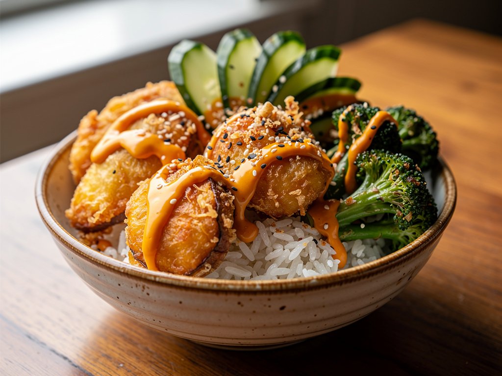 Crispy Sweet Potato and Broccoli Tempura Bowls with Bang Bang Sauce