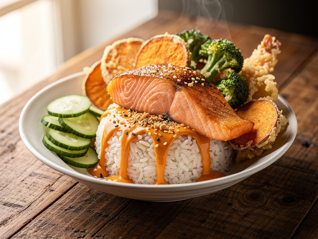 Crispy Sweet Potato and Salmon Tempura Bowls with Bang Bang Sauce
