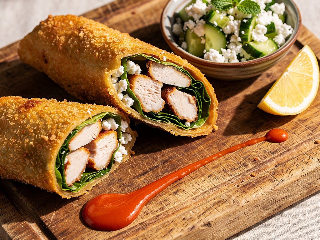 Crispy Tempura Chicken Wraps with Feta Mint Salad & Lemon Dressing