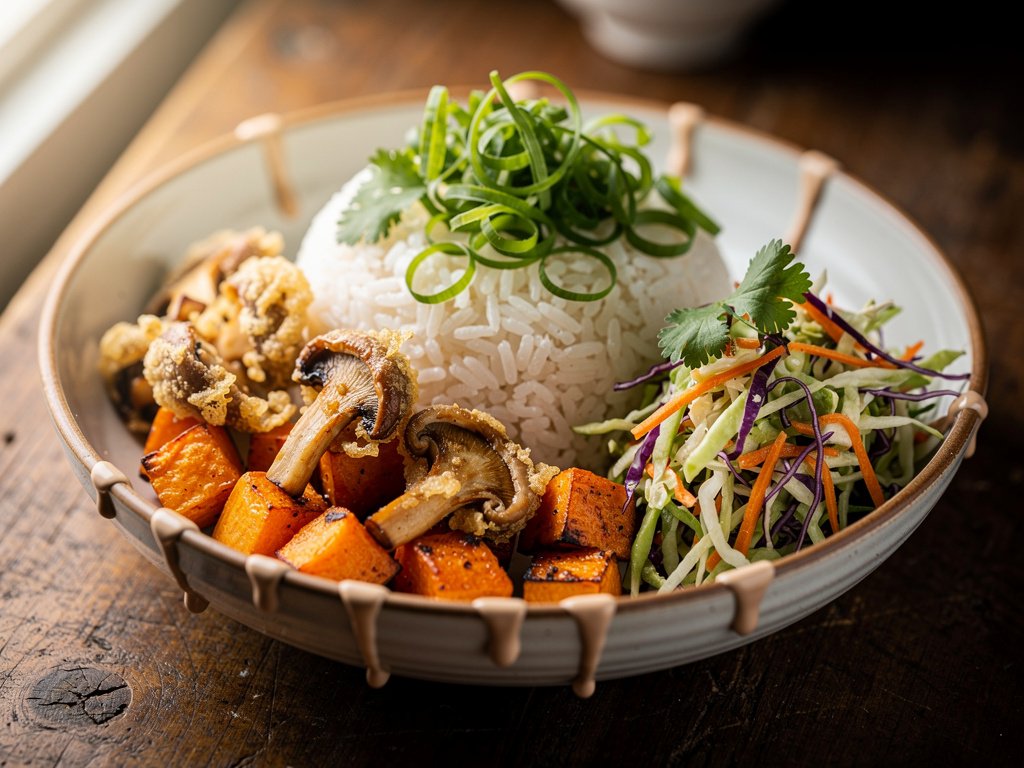 Crispy Tempura Mushroom Bowls with Sweet Potatoes and Sesame Ginger Sauce