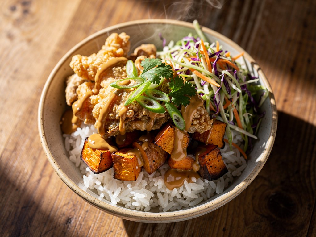 Crispy Tempura Mushroom Bowls with Sweet Potatoes and Sesame Slaw