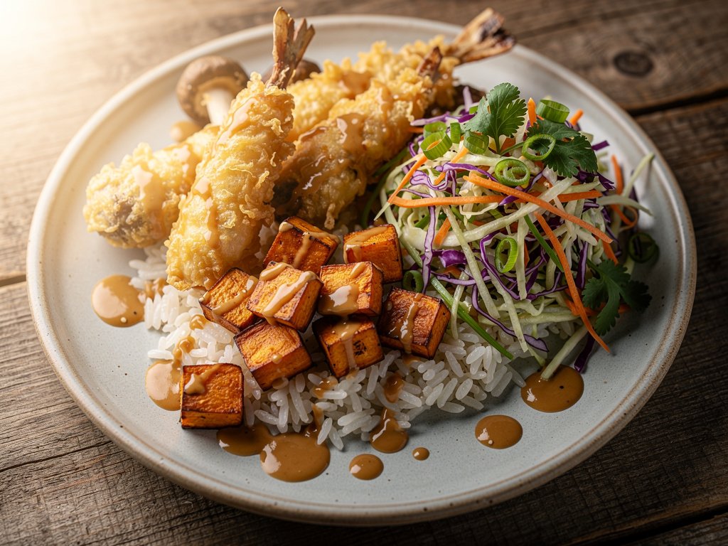 Crispy Tempura Mushroom Bowls with Roasted Sweet Potatoes and Sesame Ginger Sauce