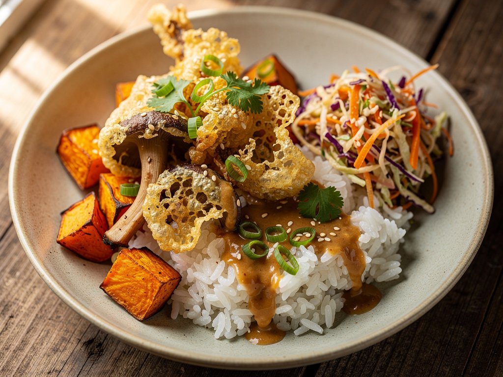 Crispy Tempura Mushroom Bowls with Roasted Sweet Potato and Sesame Slaw