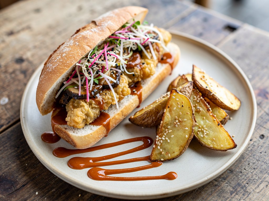 Crispy Tempura Mushroom Sandwiches with Korean BBQ Sauce and Sesame Radish Slaw