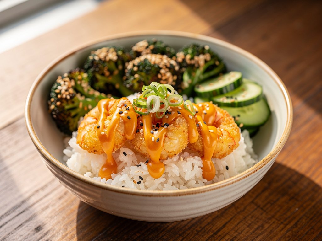 Crispy Tempura Shrimp Bowls with Spicy Mayo and Sesame Broccoli