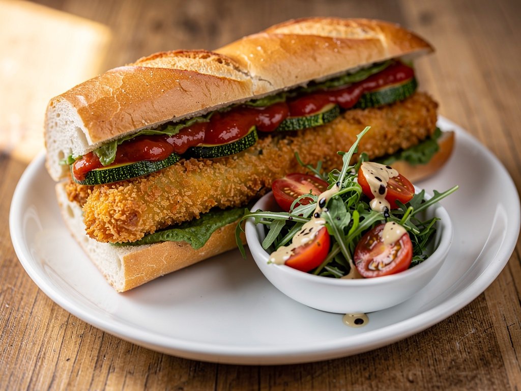 Crispy Tempura Zucchini Hoagies with Balsamic Arugula Salad