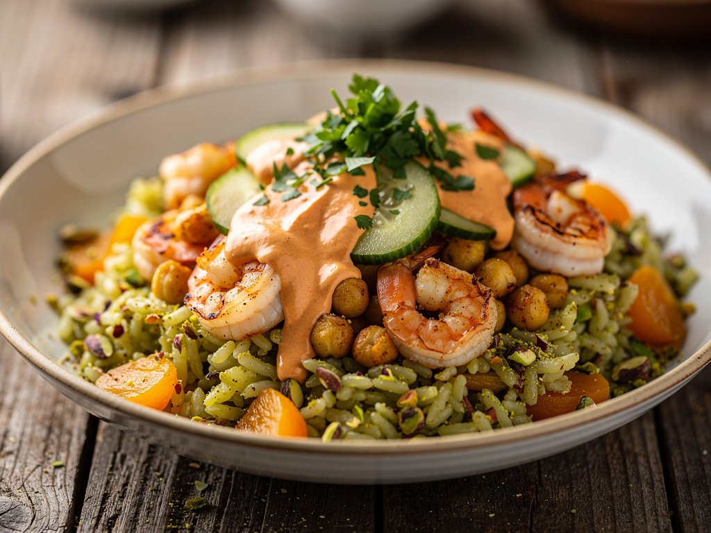 Crispy Tunisian Chickpeas with Shrimp, Pistachio Rice, and Harissa Aioli