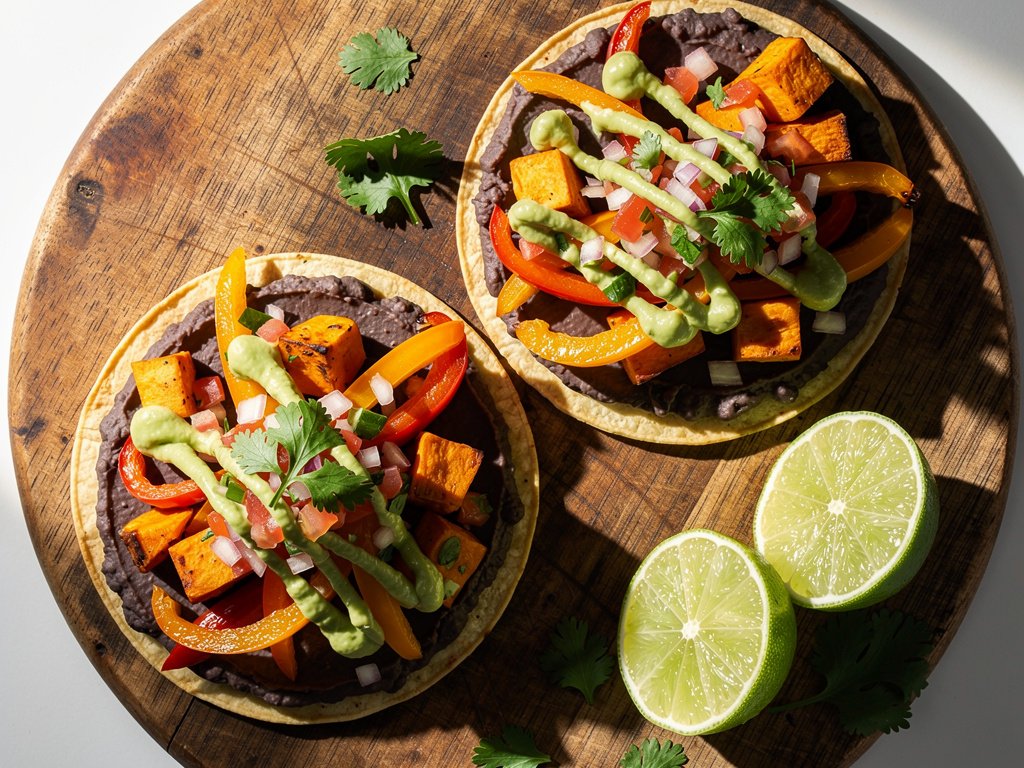 Crispy Vegan Tostadas with Roasted Sweet Potato, Black Beans, and Guacamole