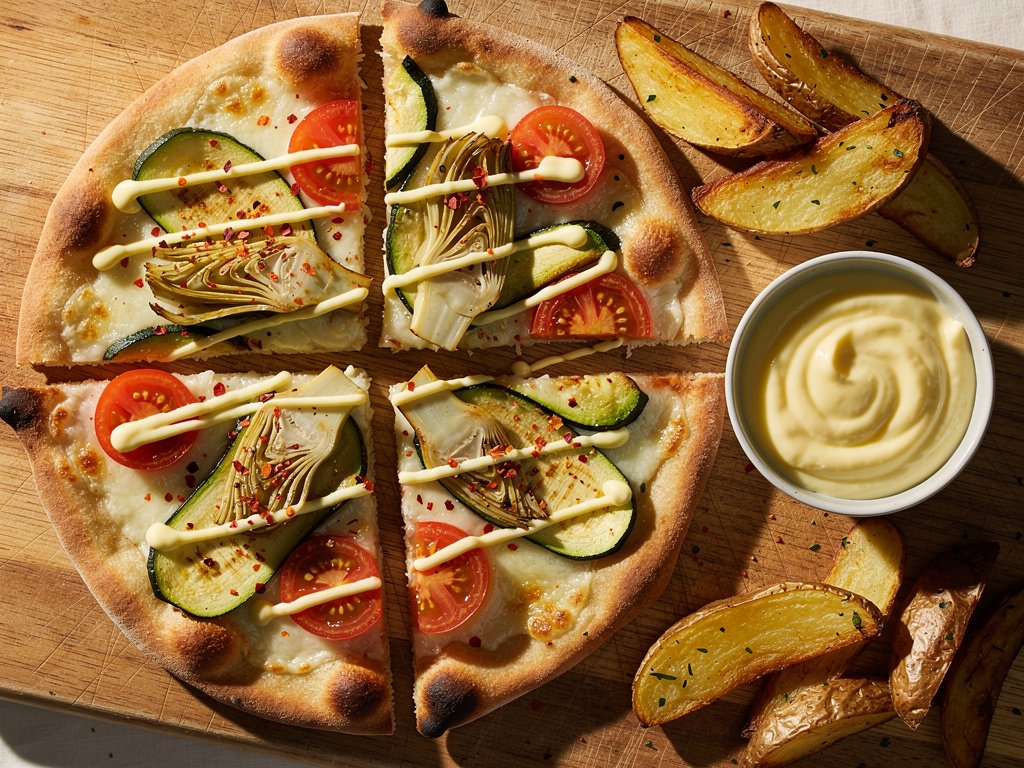 Crispy Zucchini and Artichoke Flatbreads with Lemon Aioli and Potato Wedges