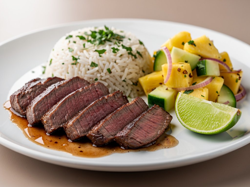 Cuban-Style Bavette Steak with Pineapple Mojo Sauce and Cilantro Rice