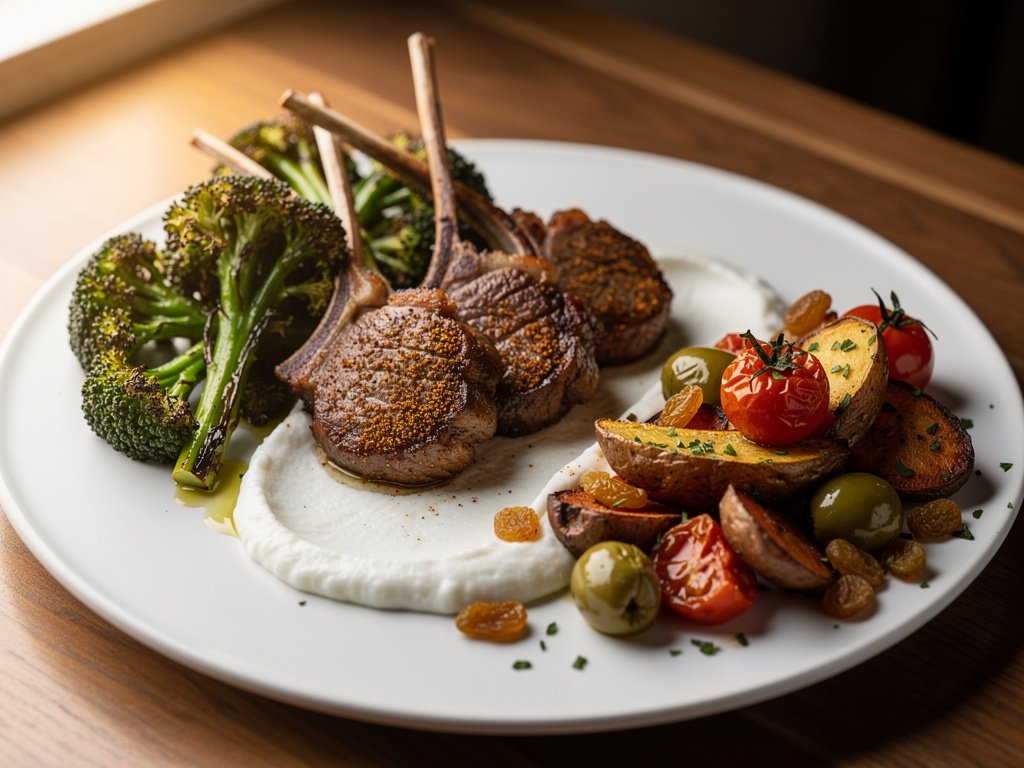 Cumin-Crusted Lamb Chops with Spiced Yogurt Sauce and Roasted Vegetable Medley