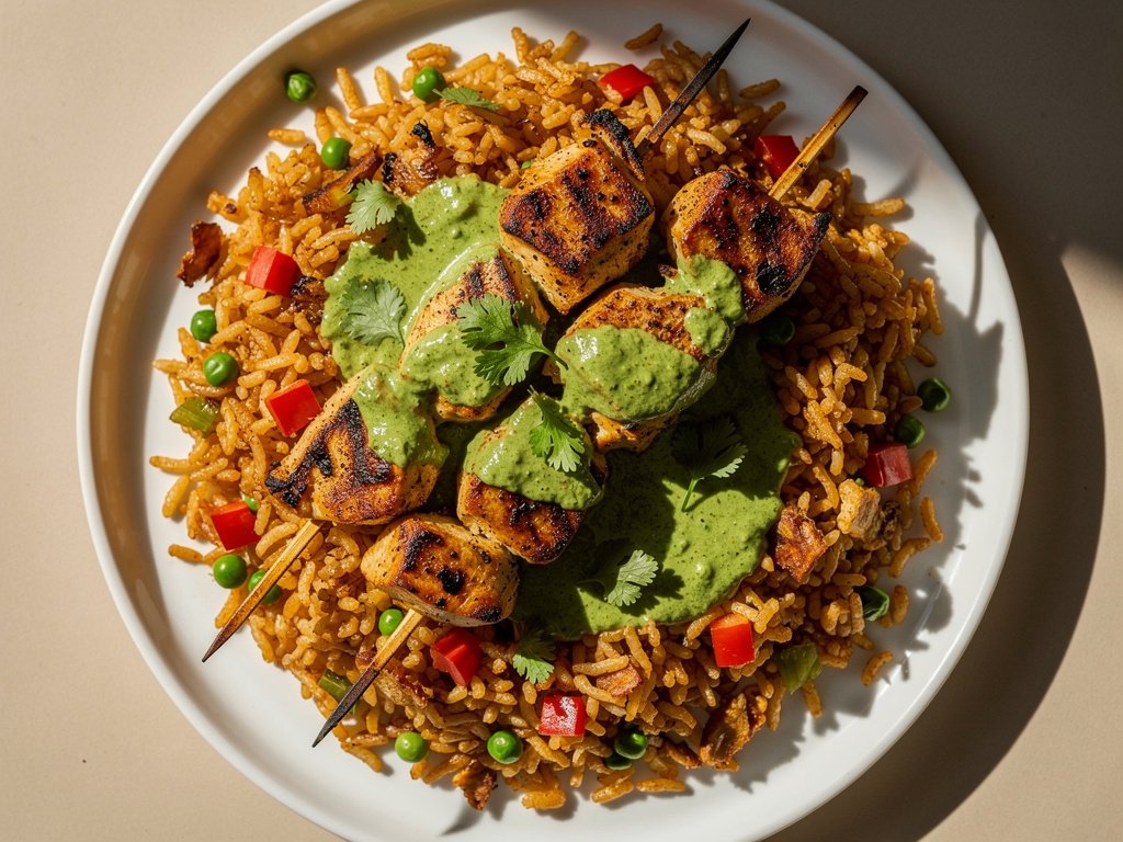 Cumin Oregano Chicken Skewers with Chaufa Fried Rice and Creamy Chimichurri