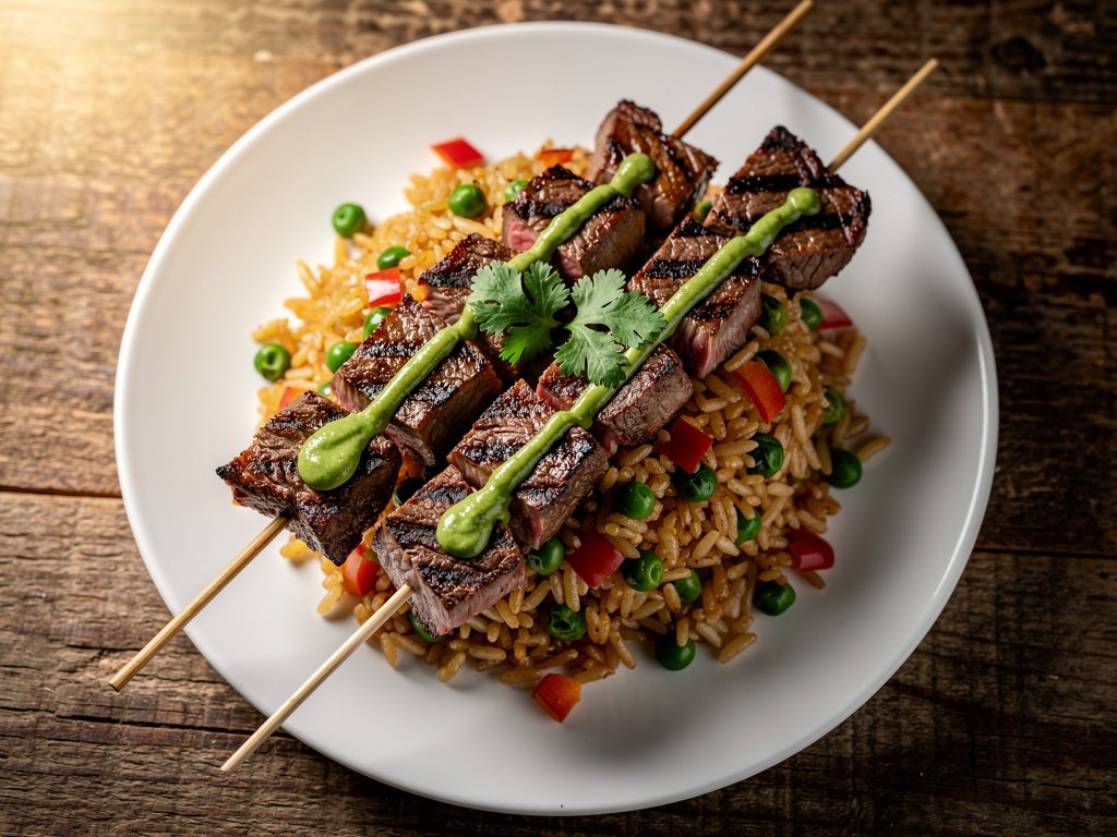 Cumin-Oregano Steak Skewers with Chaufa Rice and Creamy Chimichurri