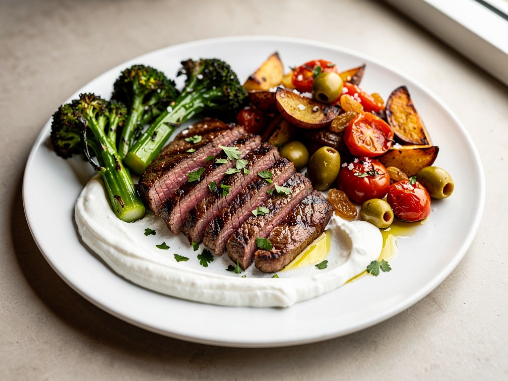 Cumin-Rubbed Ranch Steak with Spiced Yogurt Sauce and Roasted Vegetable Jumble