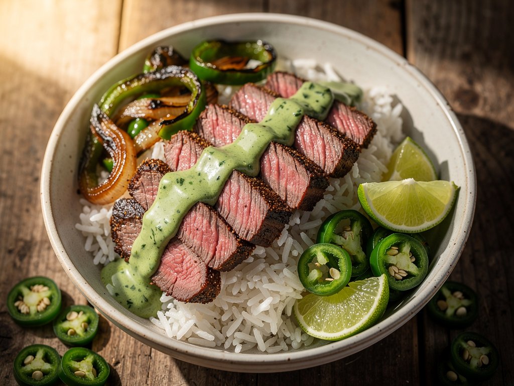 Cumin-Rubbed Steak Bowls with Creamy Cilantro Sauce and Garlic Lime Rice