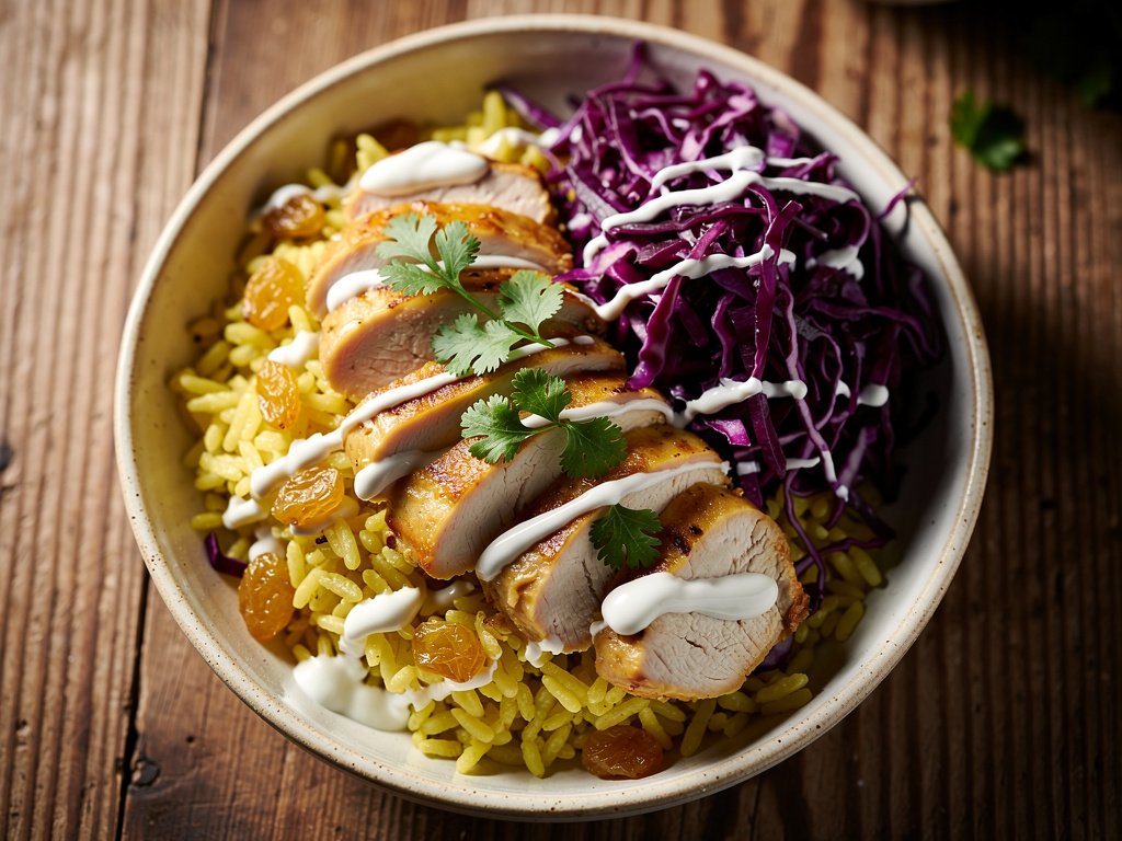 Curried Chicken Bowls with Lemon Yogurt, Raisin Rice, and Pickled Cabbage