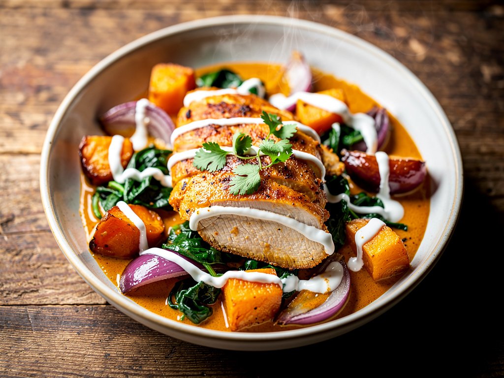 Curried Chicken and Sweet Potato Skillet with Cilantro Yogurt Sauce