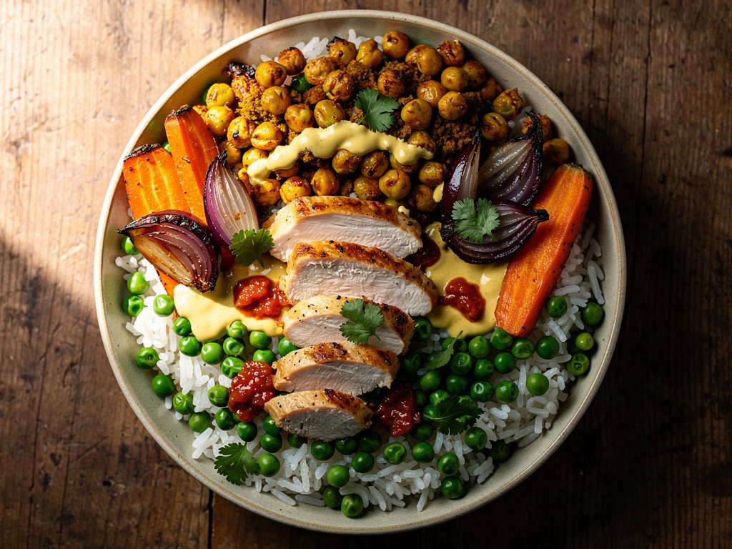 Curried Chickpea and Chicken Bowls with Spiced Rice and Red Pepper Chutney