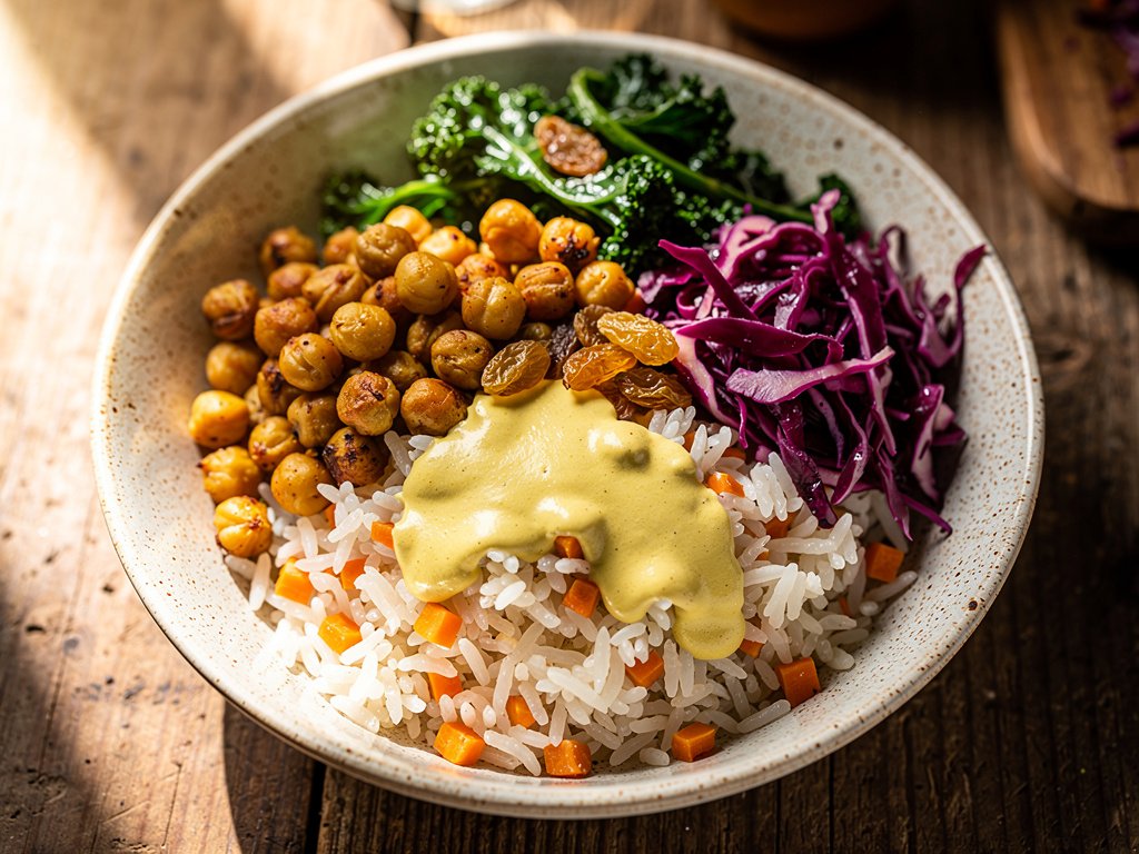 Curried Chickpea Rice Bowls with Pickled Cabbage and Golden Raisins