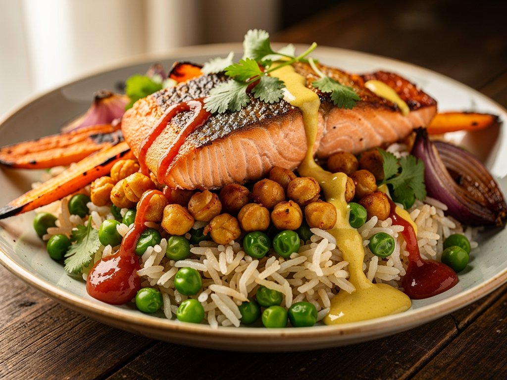 Curried Chickpea and Salmon Bowls with Spiced Rice and Red Pepper Chutney