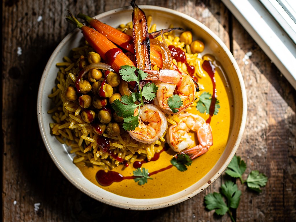 Curried Chickpea and Shrimp Bowls with Spiced Basmati and Roasted Carrots