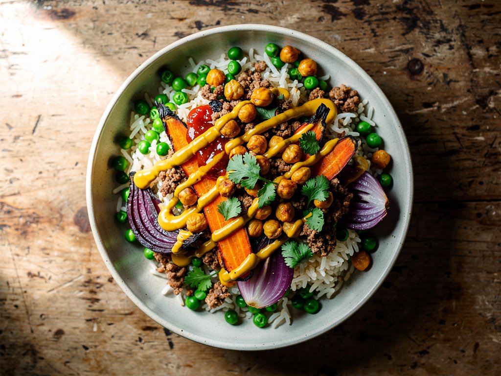 Curried Roasted Chickpea and Turkey Bowls with Spiced Rice and Red Pepper Chutney