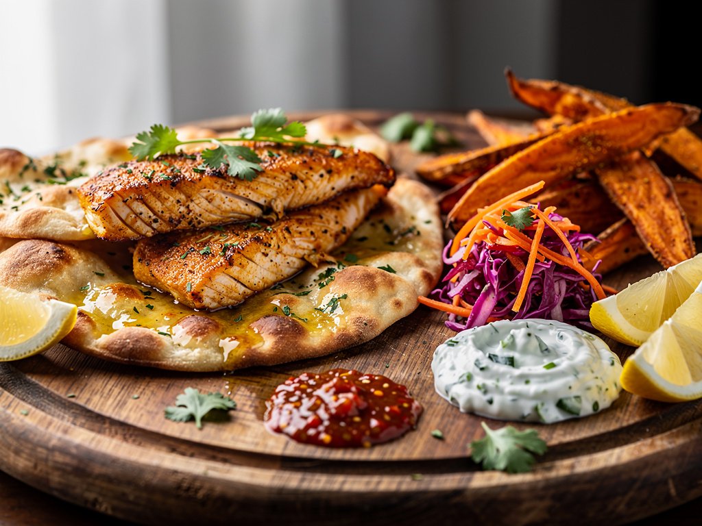 Curried Trout Flatbreads with Spiced Sweet Potato Wedges and Cucumber Raita