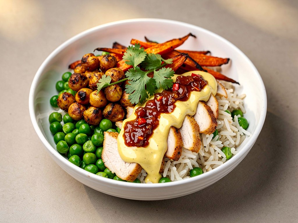 Curry-Spiced Chickpea and Chicken Bowls with Roasted Carrots and Red Pepper Chutney
