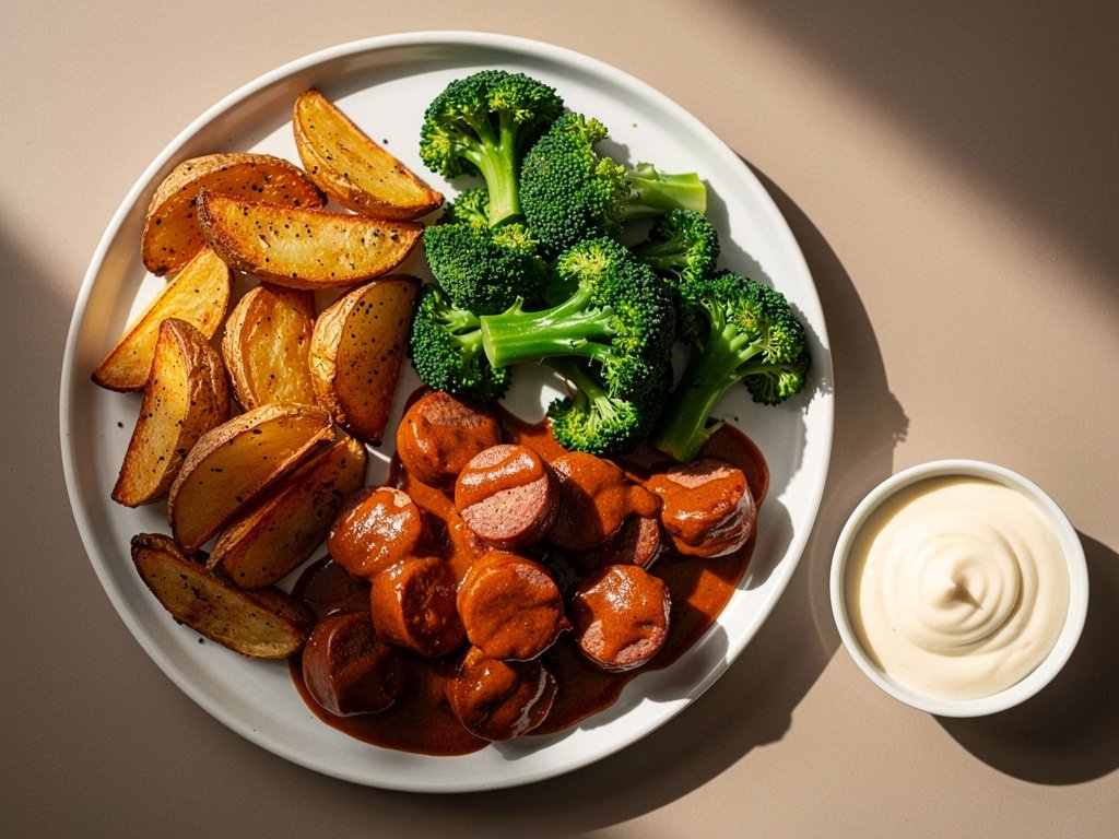 Currywurst with Roasted Potato Wedges and Buttery Broccoli