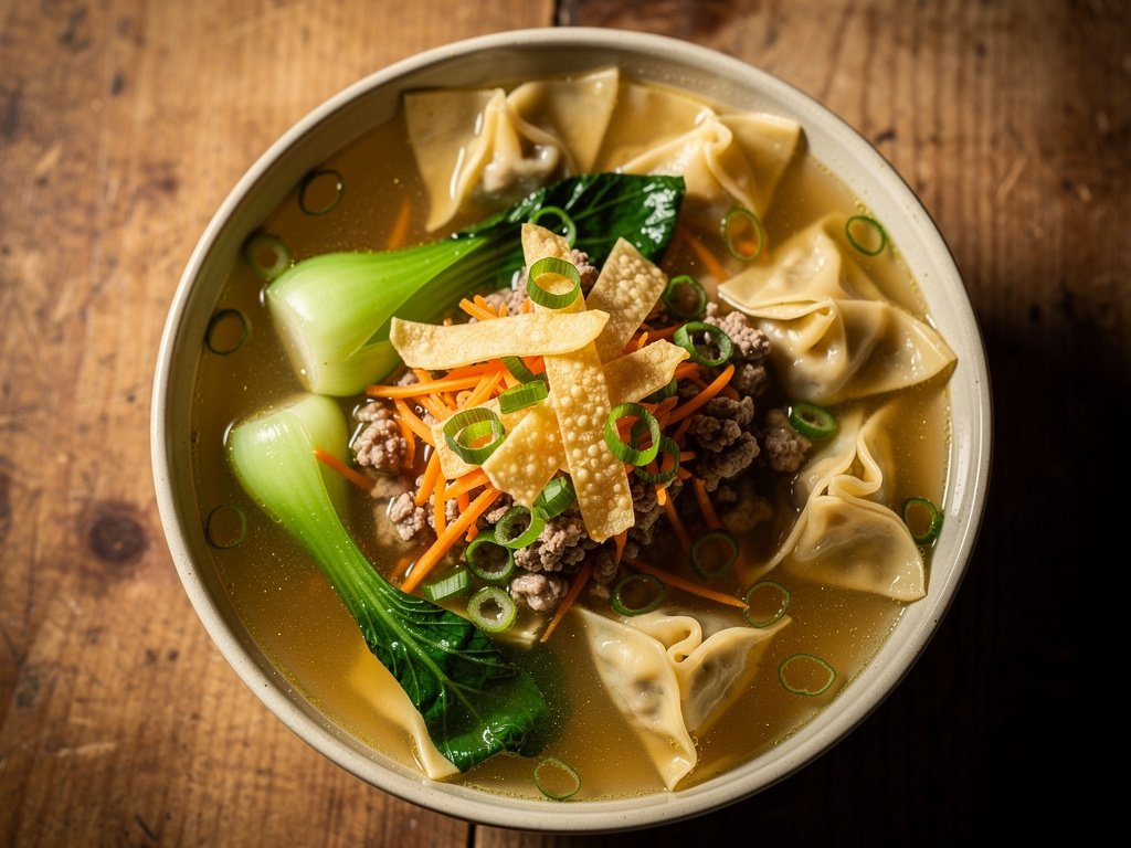 Deconstructed Pork Wonton Soup with Bok Choy and Wonton Strips