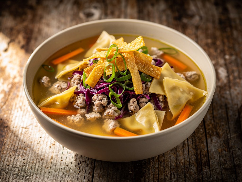Deconstructed Turkey Wonton Soup with Bok Choy and Crunchy Wonton Strips