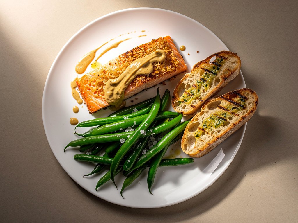 Dijon Crusted Salmon with Garlic Herb Green Beans and Toasted Ciabatta