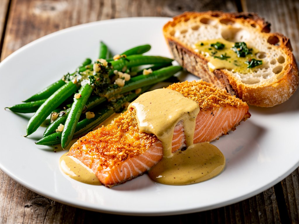 Dijon-Crusted Salmon with Green Beans and Garlic Bread