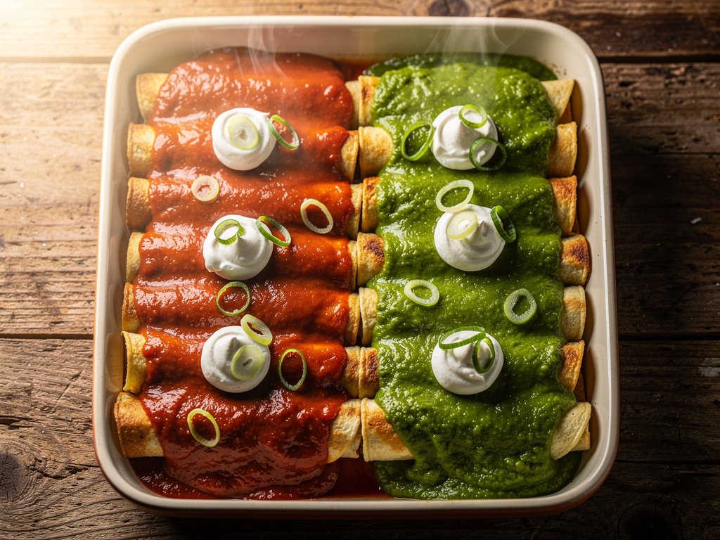 Double Beef Enchiladas with Red and Green Sauce