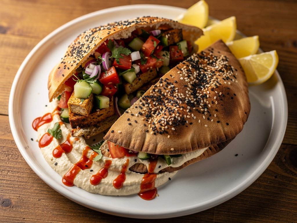 Crispy Everything Bagel Pitas with Za'atar Tofu and Yogurt Hummus Sauce