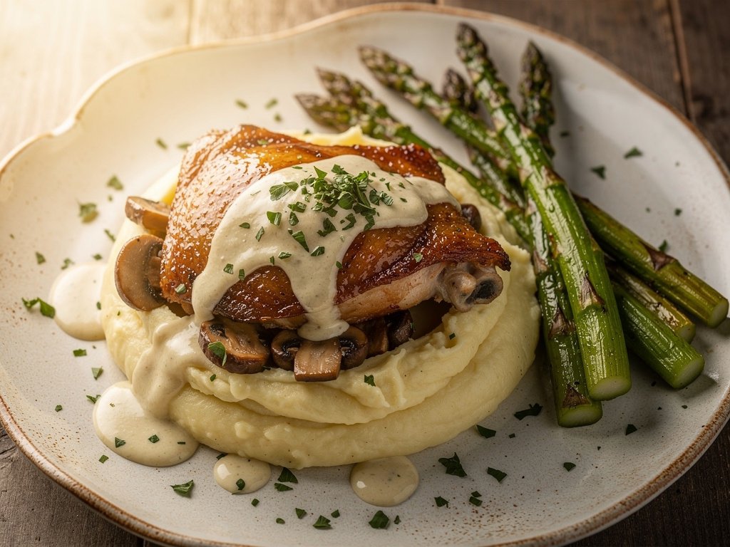 Family-Style Balsamic Chicken and Mushroom Bake with Mashed Potatoes and Asparagus