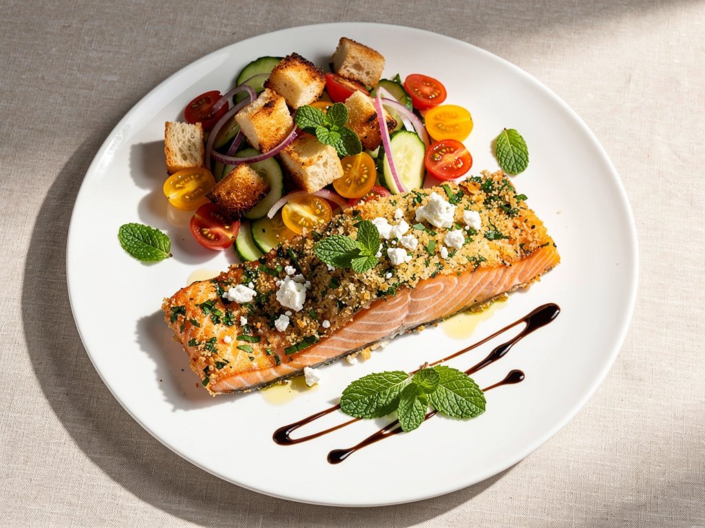 Feta Mint Crusted Salmon with Tomato Cucumber Panzanella Salad