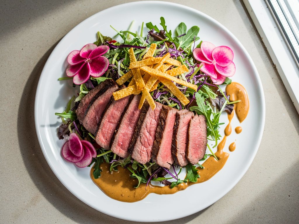 Five-Spice Steak Salad with Peanut-Ponzu Dressing and Crispy Wontons