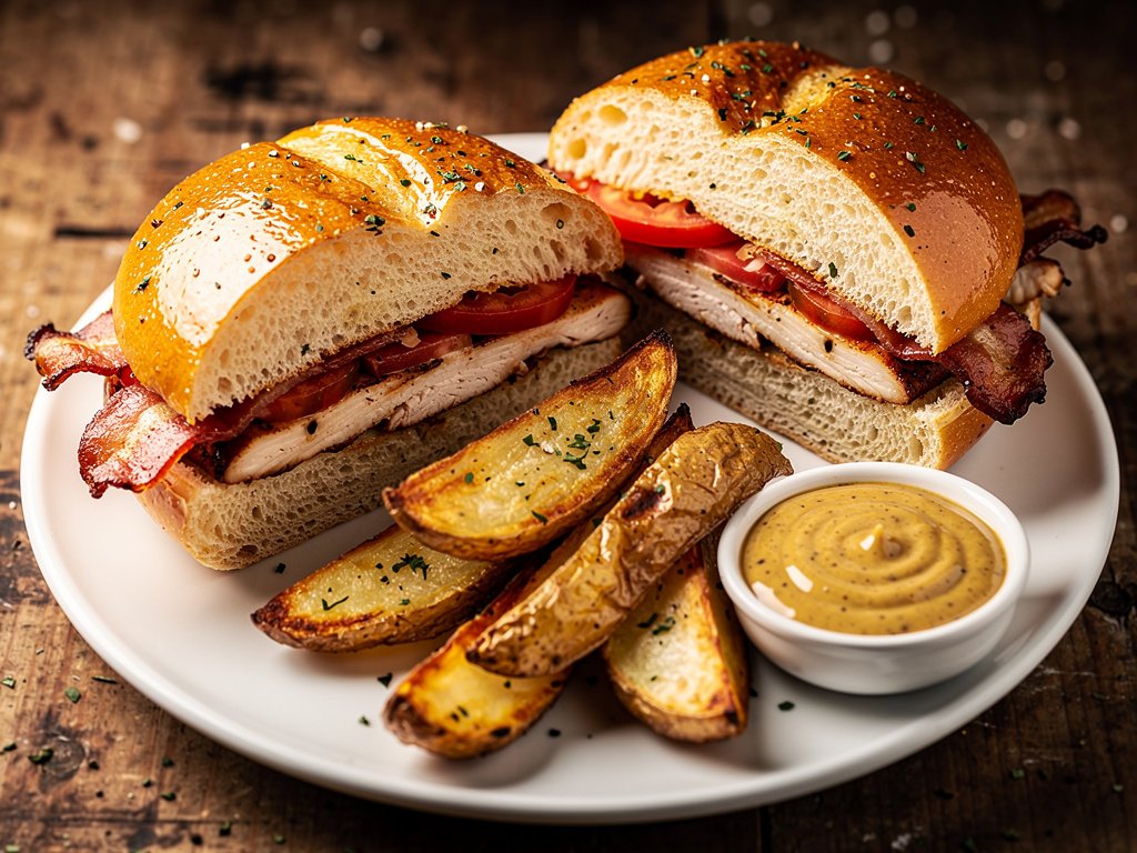 Garlic Bread Chicken Sandwiches with Bacon, Tomato & Smoky Mustard Sauce