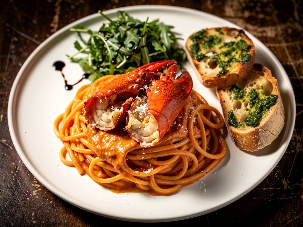 Garlic Butter Lobster Linguine with Creamy Tomato Sauce and Pesto Crostini