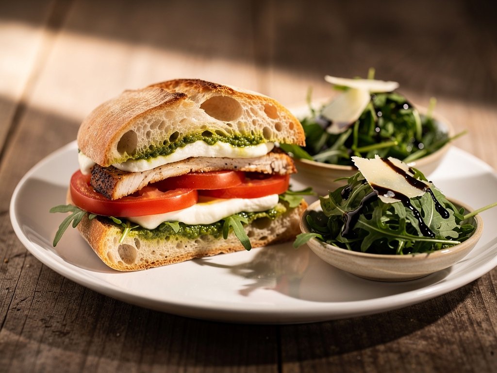 Garlic Chicken Pesto Caprese Sandwiches with Arugula Balsamic Salad