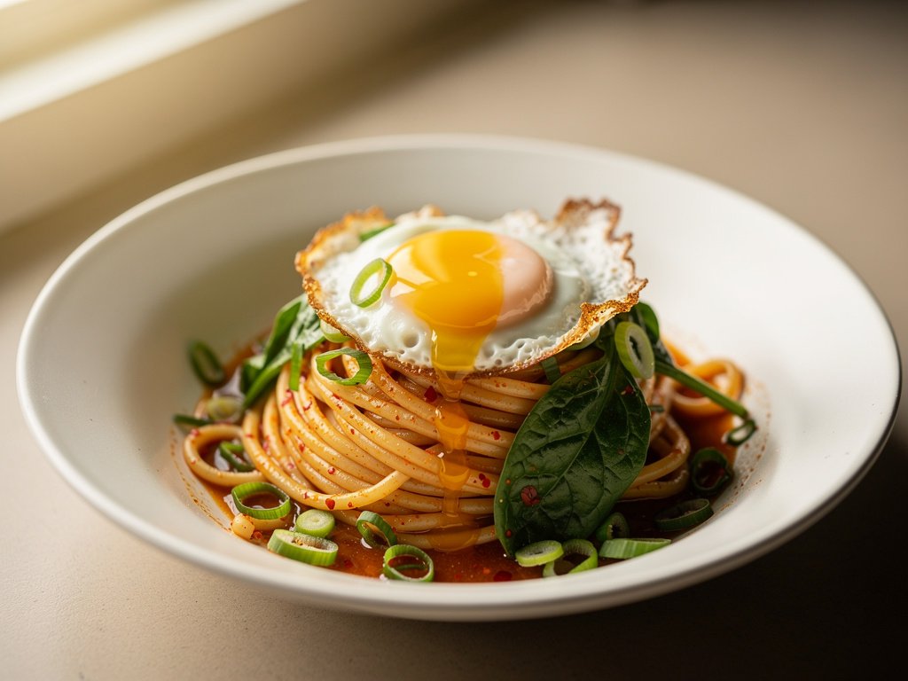 Garlic Chili Gluten-Free Linguine with Fried Eggs and Spinach