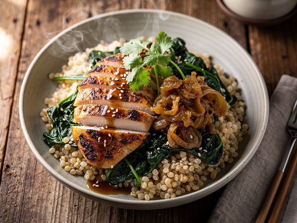 Garlic Ginger Chicken and Bulgur Bowls with Miso Onion