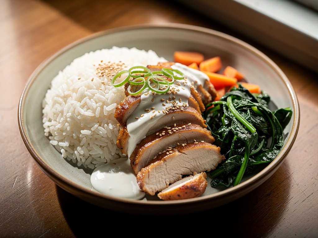 Garlic Ginger Chicken and Rice Bowls with Roasted Carrots and Creamy Scallion Sauce