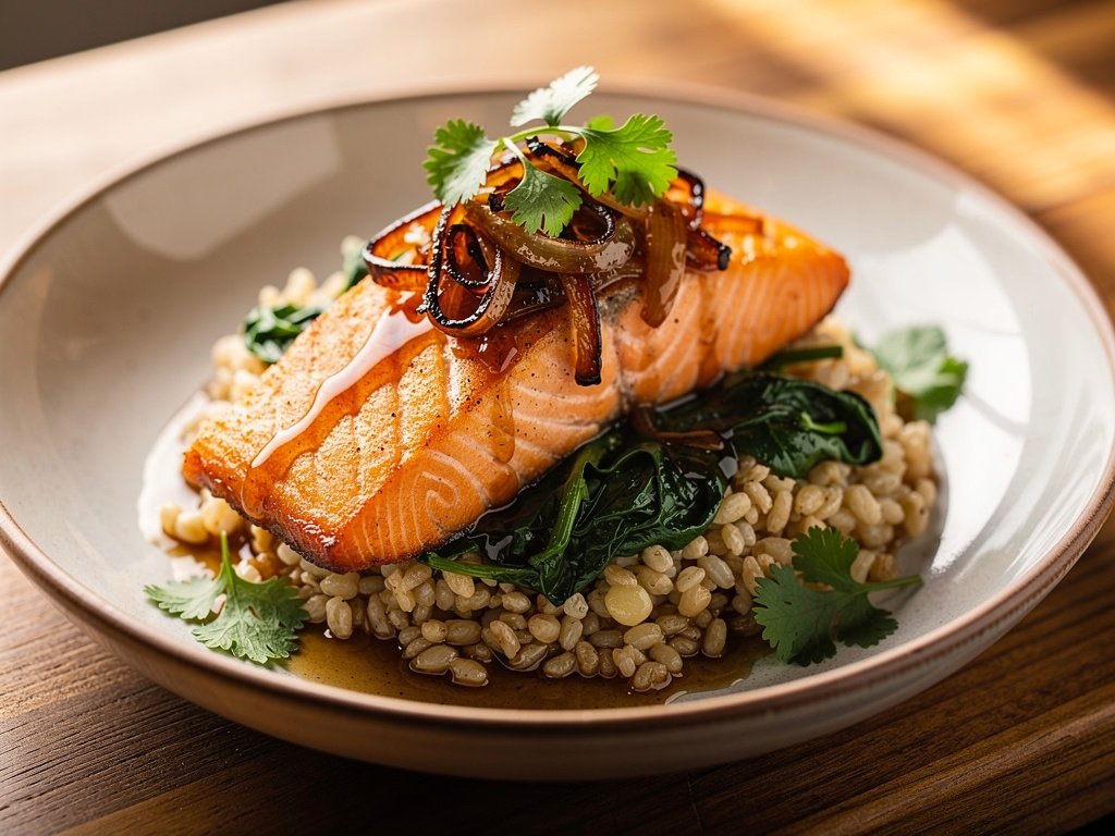 Garlic Ginger Salmon Bowls with Bulgur and Caramelized Miso Onions