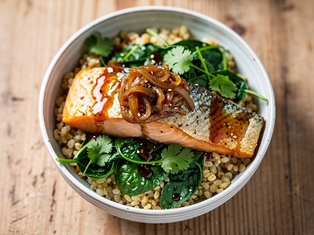 Garlic-Ginger Trout Bowls with Bulgur and Miso Onion